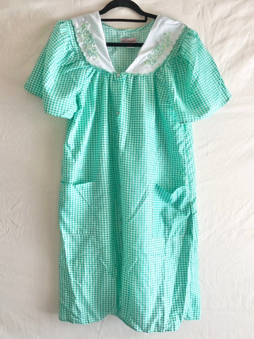 Retro Lati Fashion Green Gingham Plaid House Dress Size M